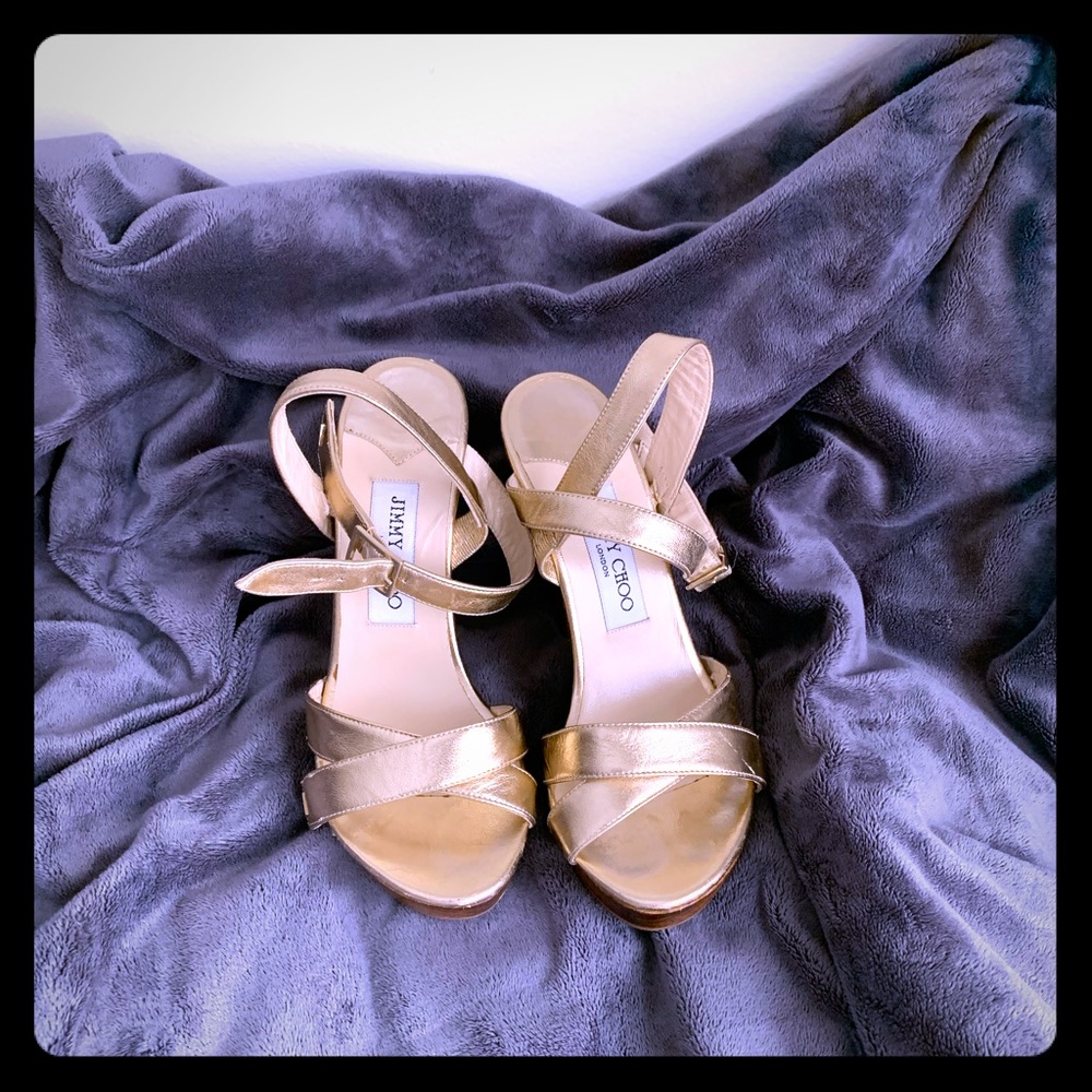 Jimmy Choo Gold Metalic leather 4” platform sandal